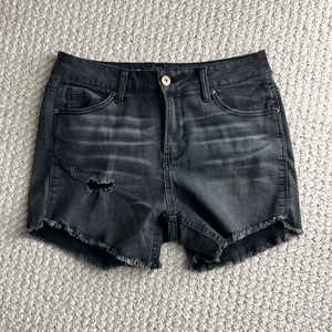 High rise midi black distressed denim shorts size 5